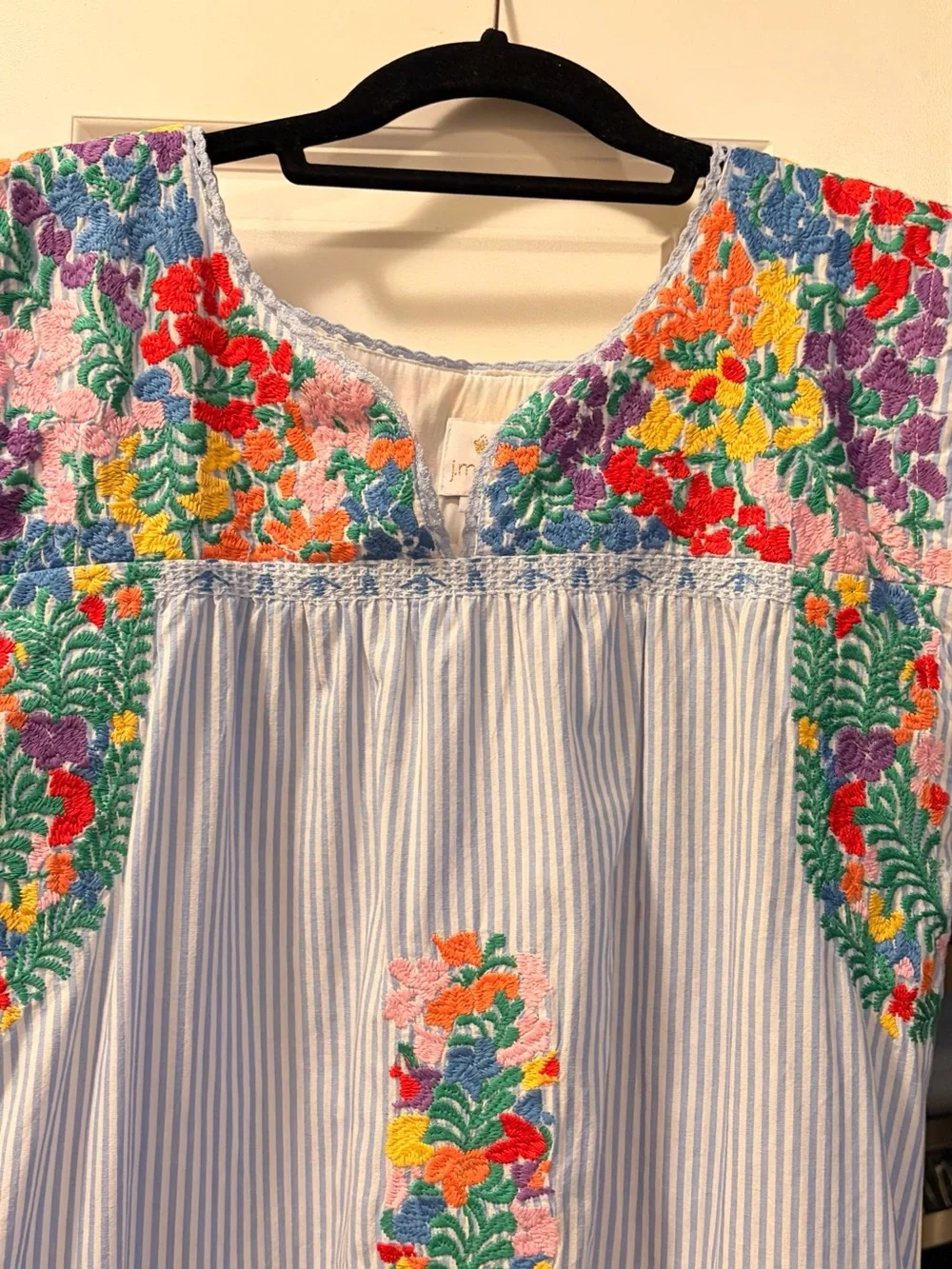 J. Marie Light Blue Striped Dress with Multicolor Floral Embroidery - Picture 5 of 8